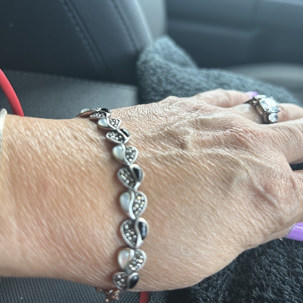 Vintage Sterling Silver Black & White Heart Link Bracelet